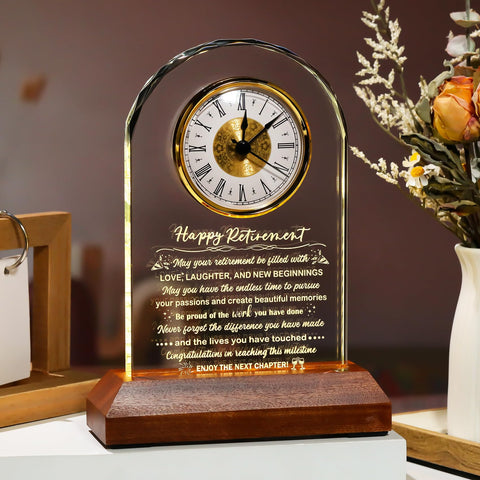 Arikyrist retirement clock on a desk, perfect centerpiece idea.