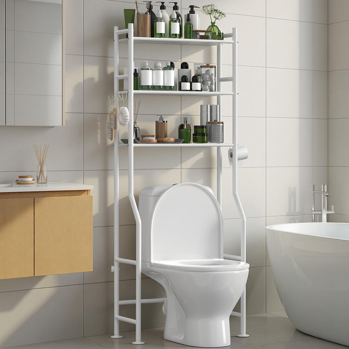 AriseWork 3-tier toilet storage in white, front view, space-saving solution for compact bathrooms.