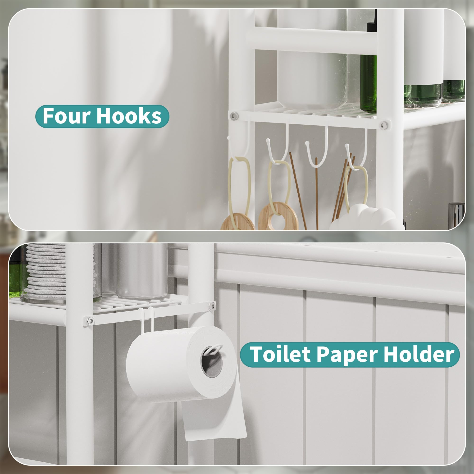 AriseWork white toilet rack in use, demonstrates shelf capacity with towels and supplies.