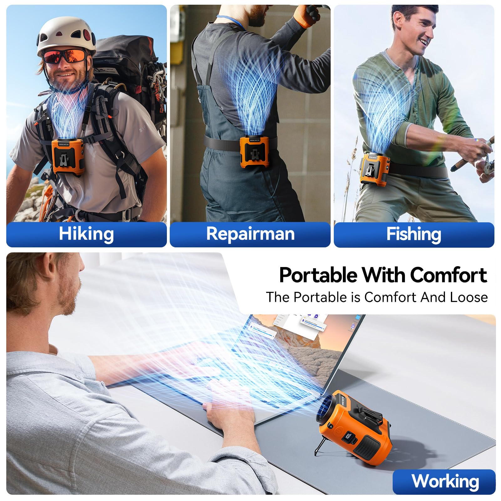 Aristide waist fan in use on a jobsite demonstrates hands-free cooling while working.