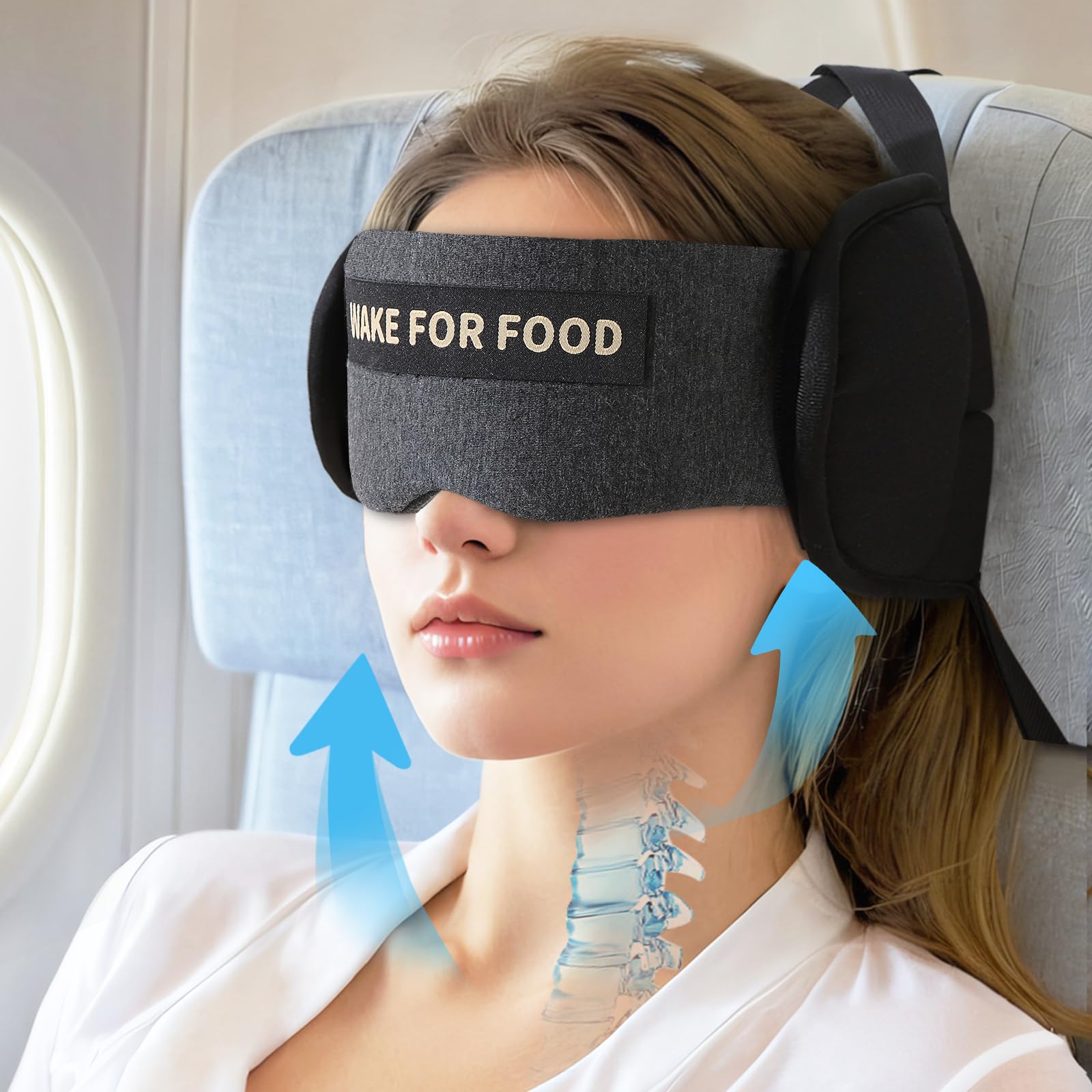 ARLIKSI travel pillow with eye mask showing 360° head support for peaceful sleep.