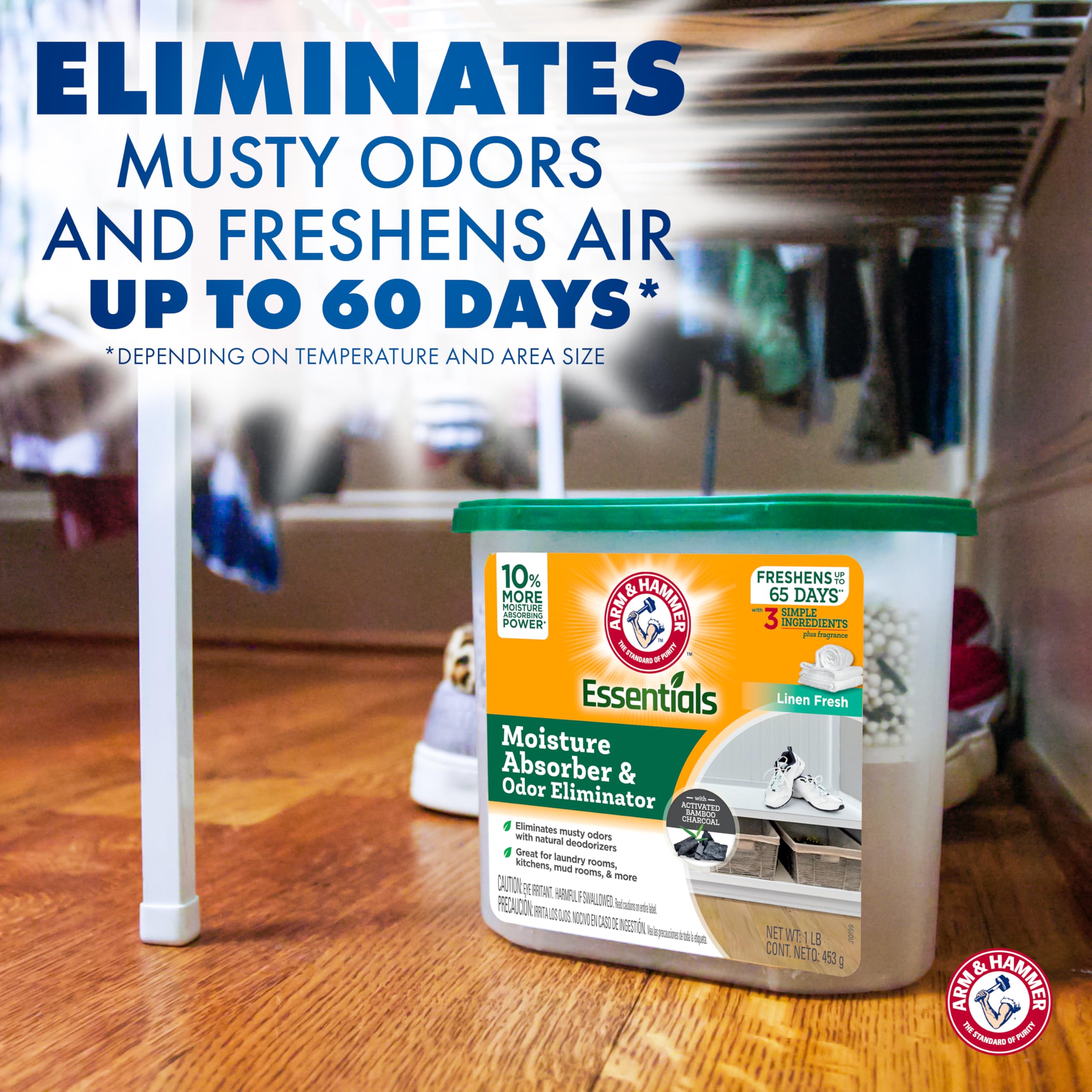 Arm & Hammer Essentials odor eliminator tub neutralizes musty odors in small spaces.