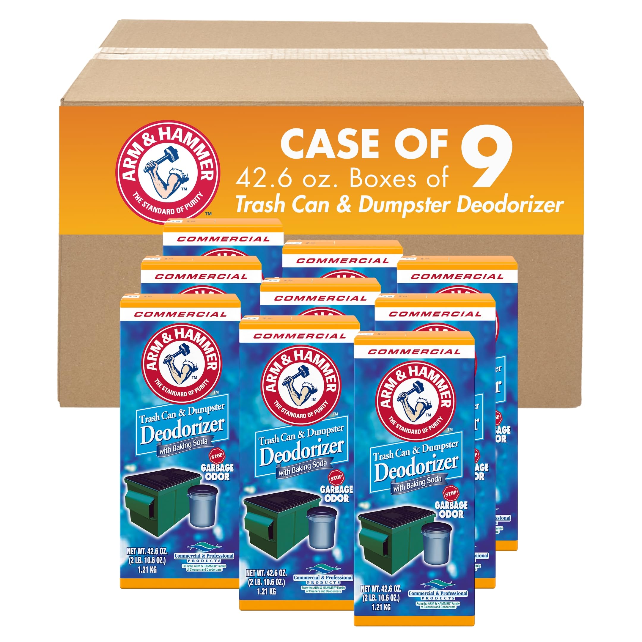 Arm and Hammer trash can deodorizer with sprinkle top freshens odors near garbage and drains.