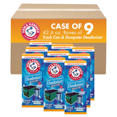 Arm and Hammer trash can deodorizer with sprinkle top freshens odors near garbage and drains.