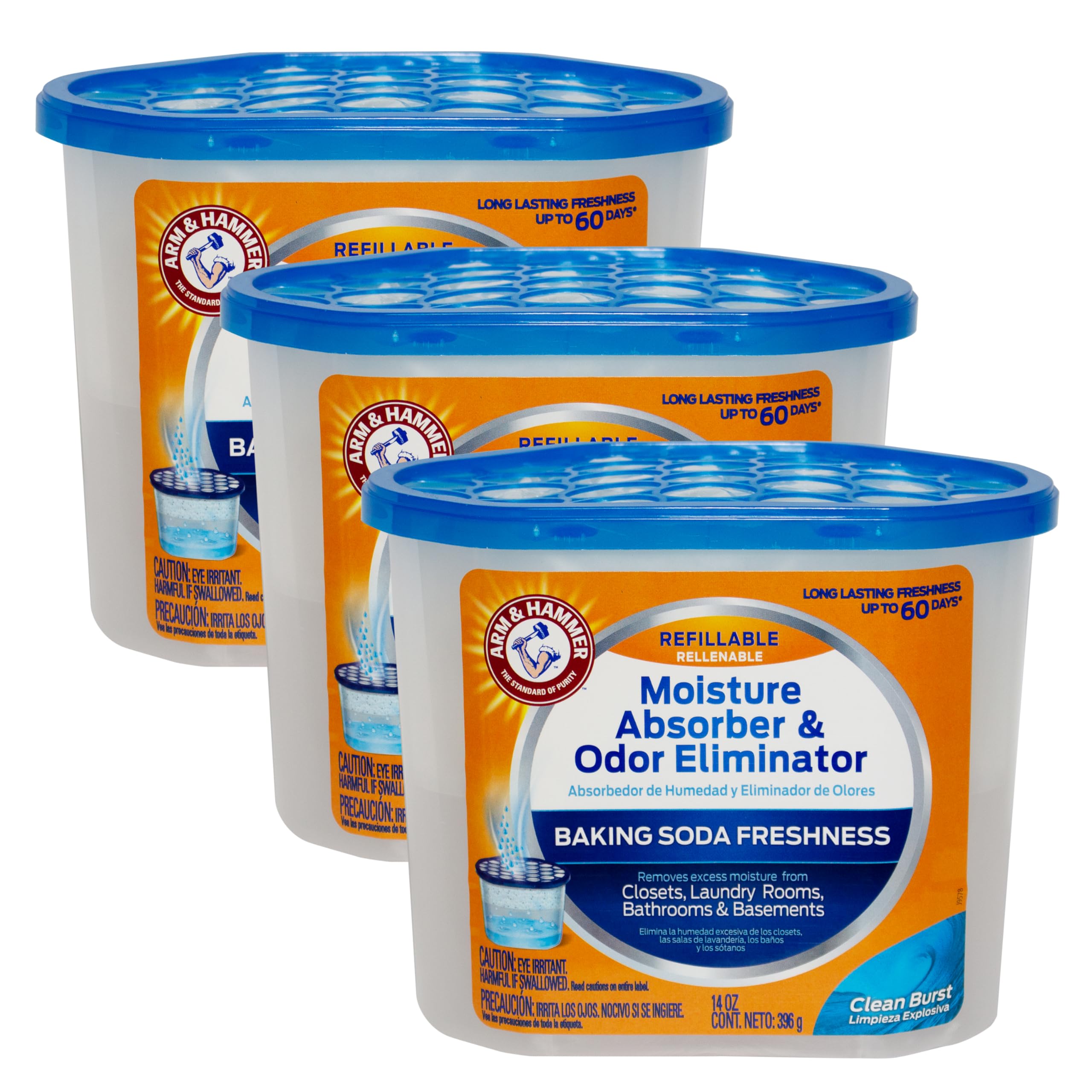 Arm & Hammer Clean Burst moisture absorber tubs packaging shows a three-pack for versatile placement