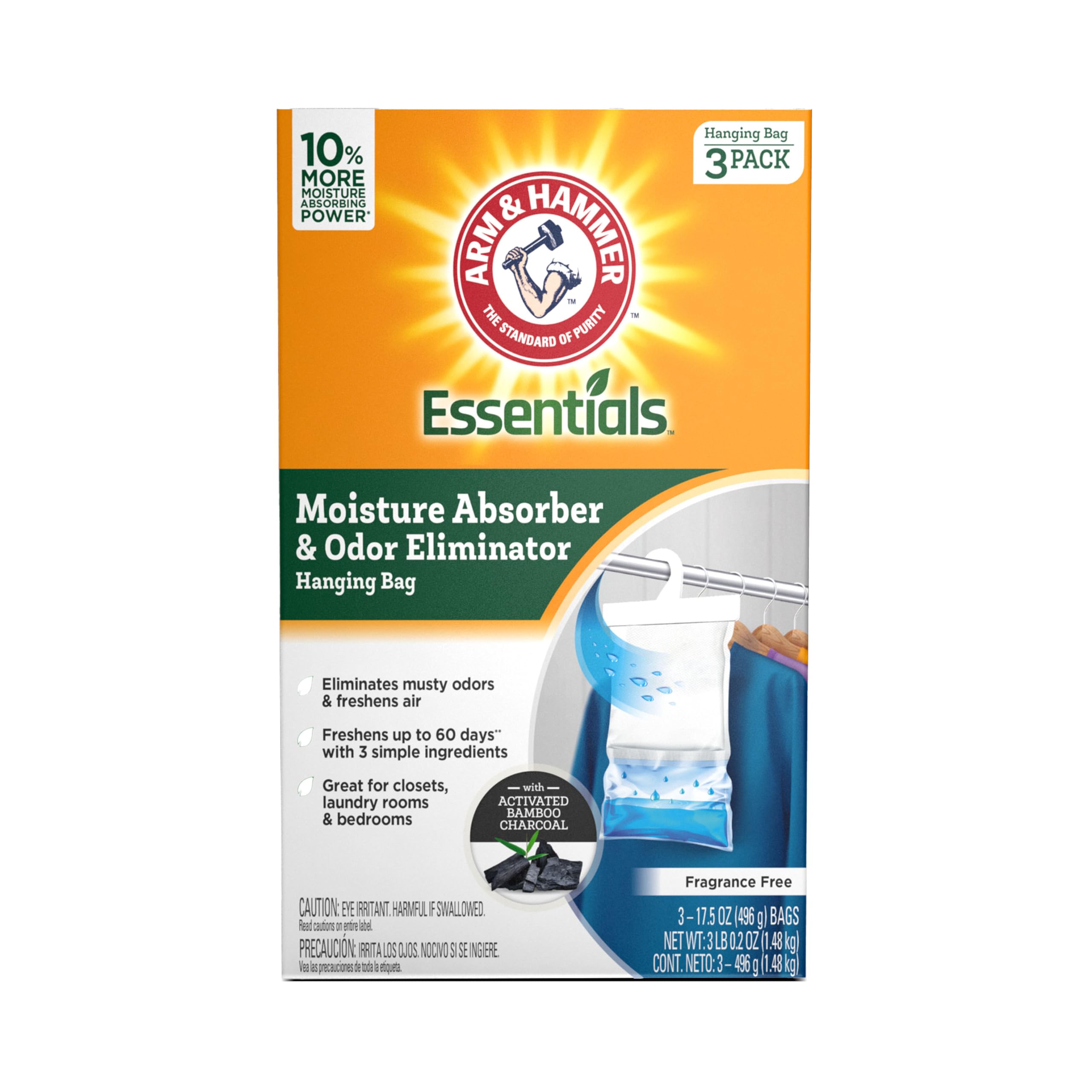 Arm & Hammer Essentials hanging moisture absorber bags in use for closet freshness