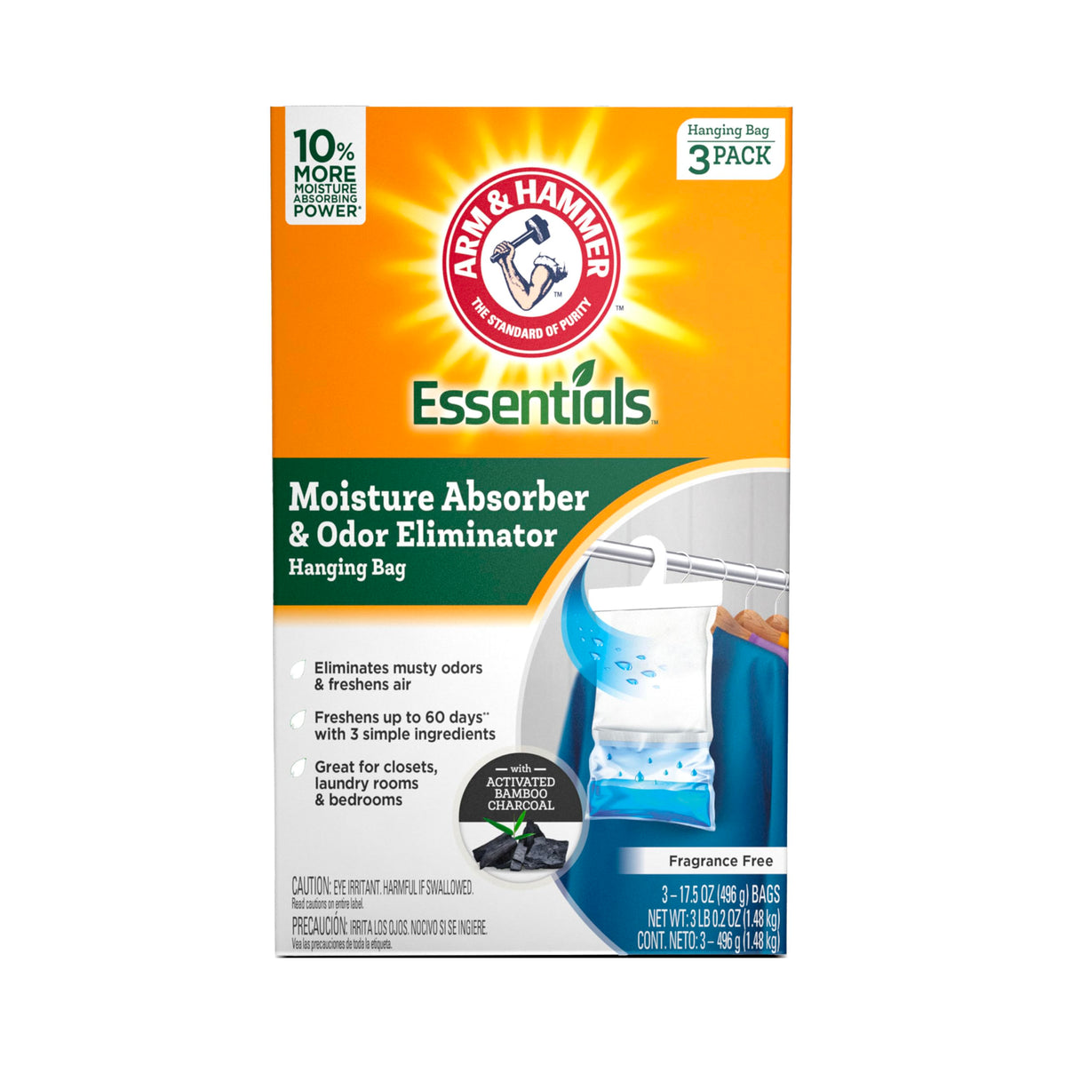 Arm & Hammer Essentials hanging moisture absorber bags in use for closet freshness