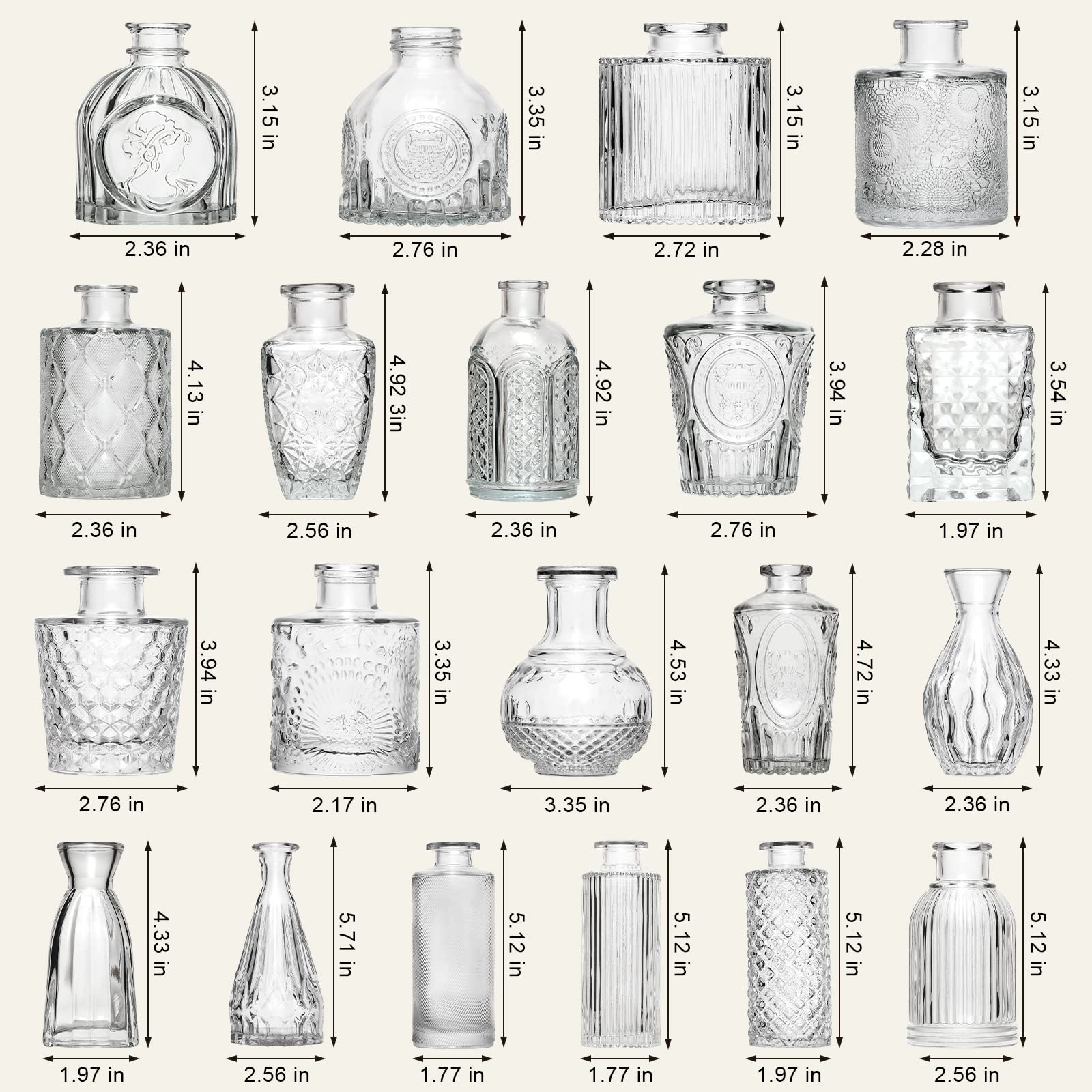 Arme clear bud vase centerpieces add vintage charm to events.