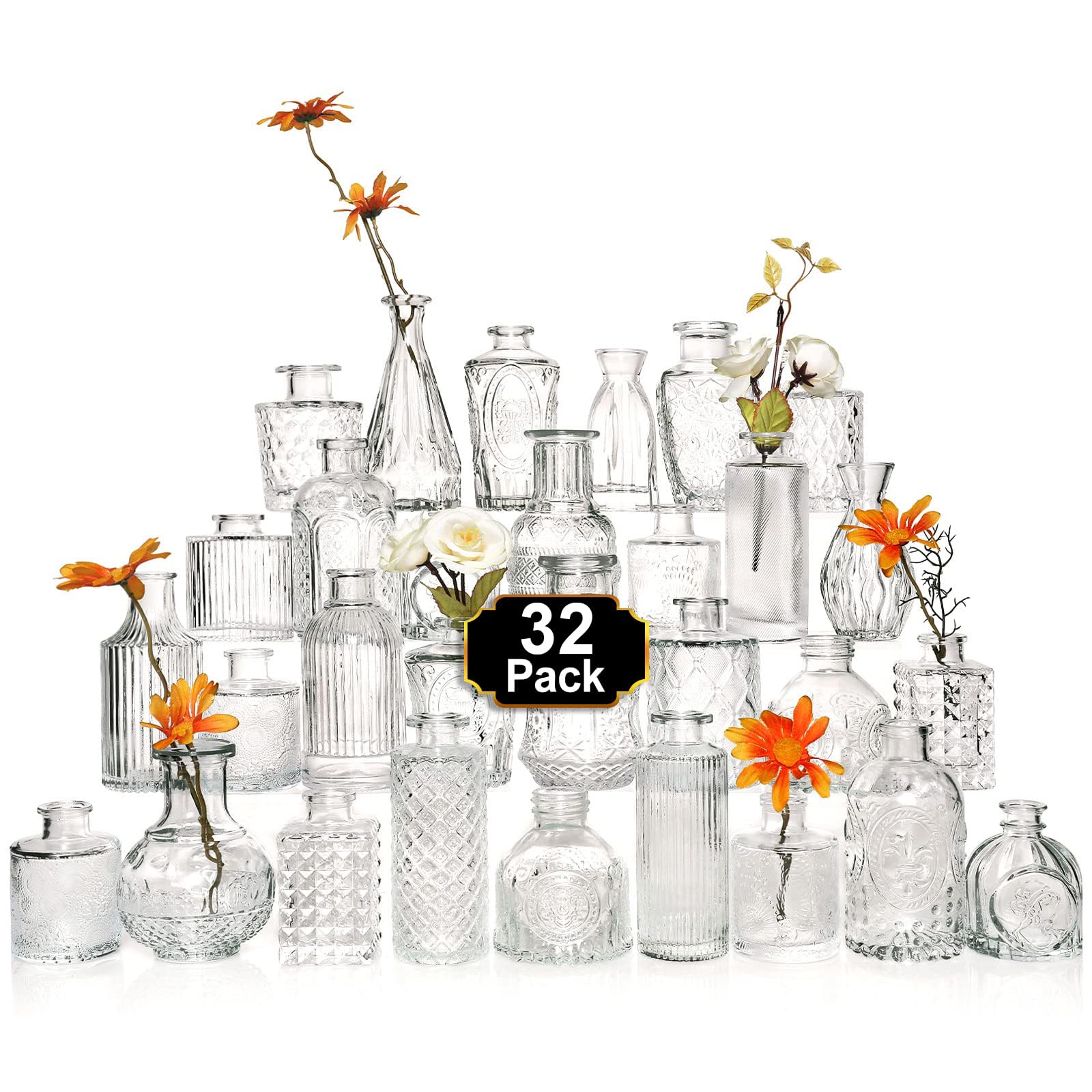 Arme glass bud vase 32-pcs set on display, ideal for elegant centerpieces.