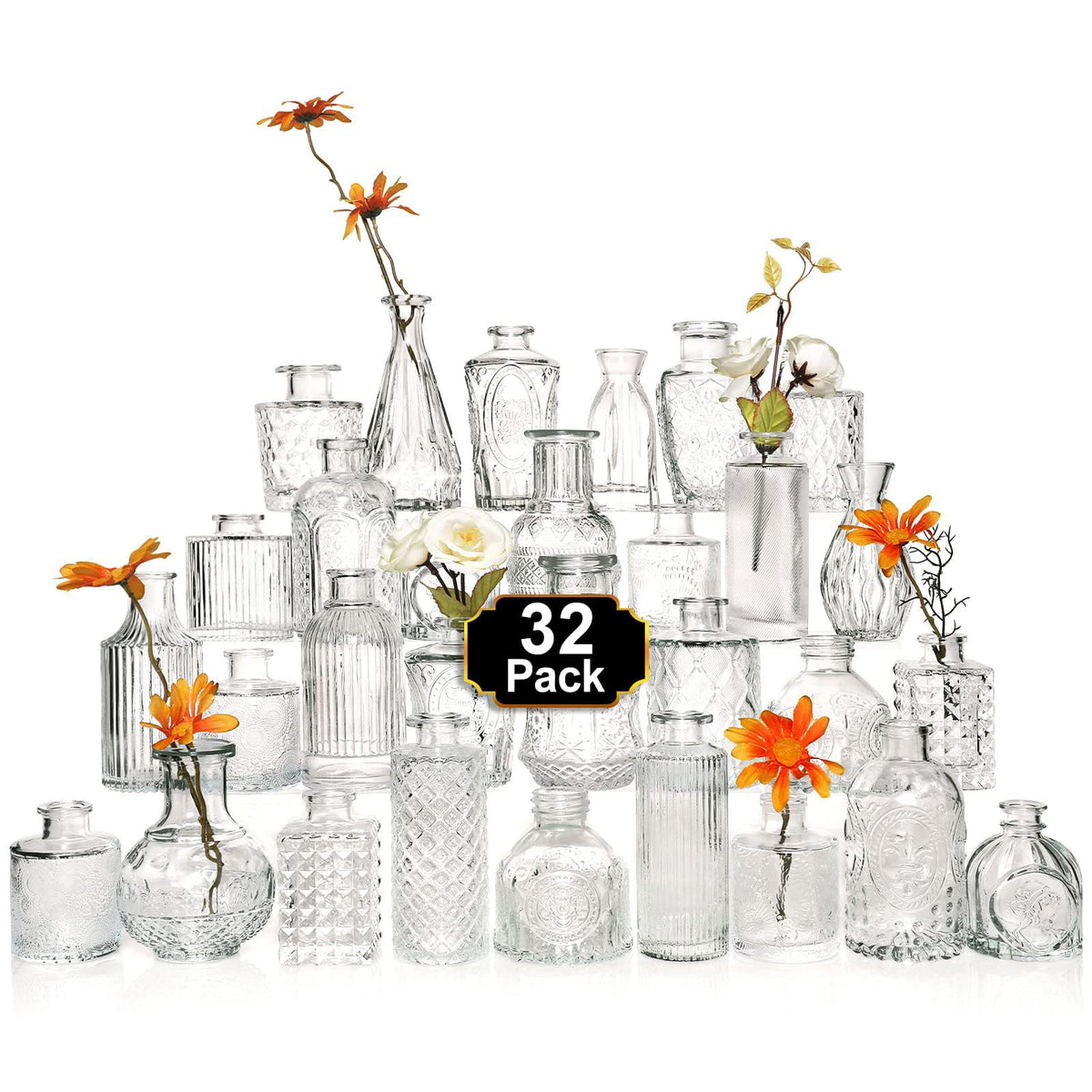 Arme glass bud vase 32-pcs set on display, ideal for elegant centerpieces.