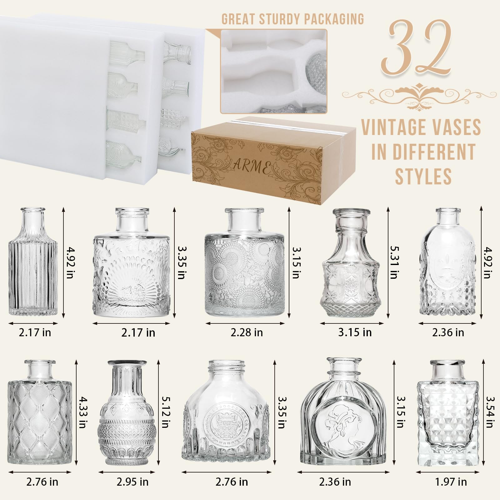Arme small glass vases for flowers brighten shelves and tables.
