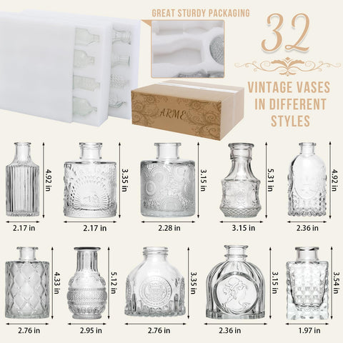Arme small glass vases for flowers brighten shelves and tables.