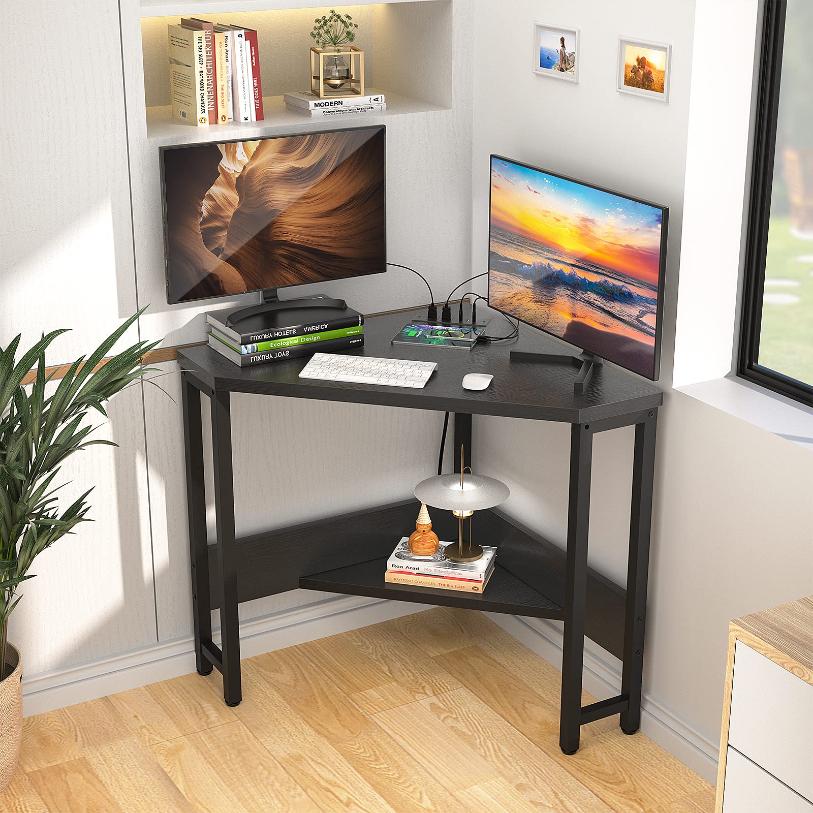 Armocity compact corner desk fits into tight corners with a square footprint.