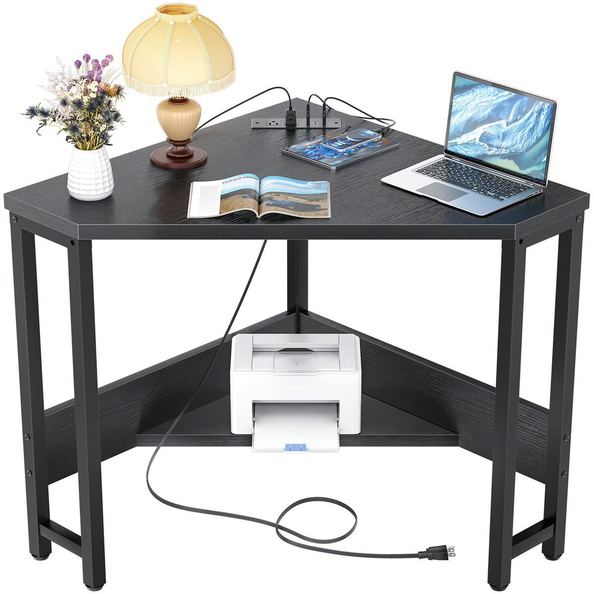Armocity corner desk with outlets and USB ports enables cable-free charging.
