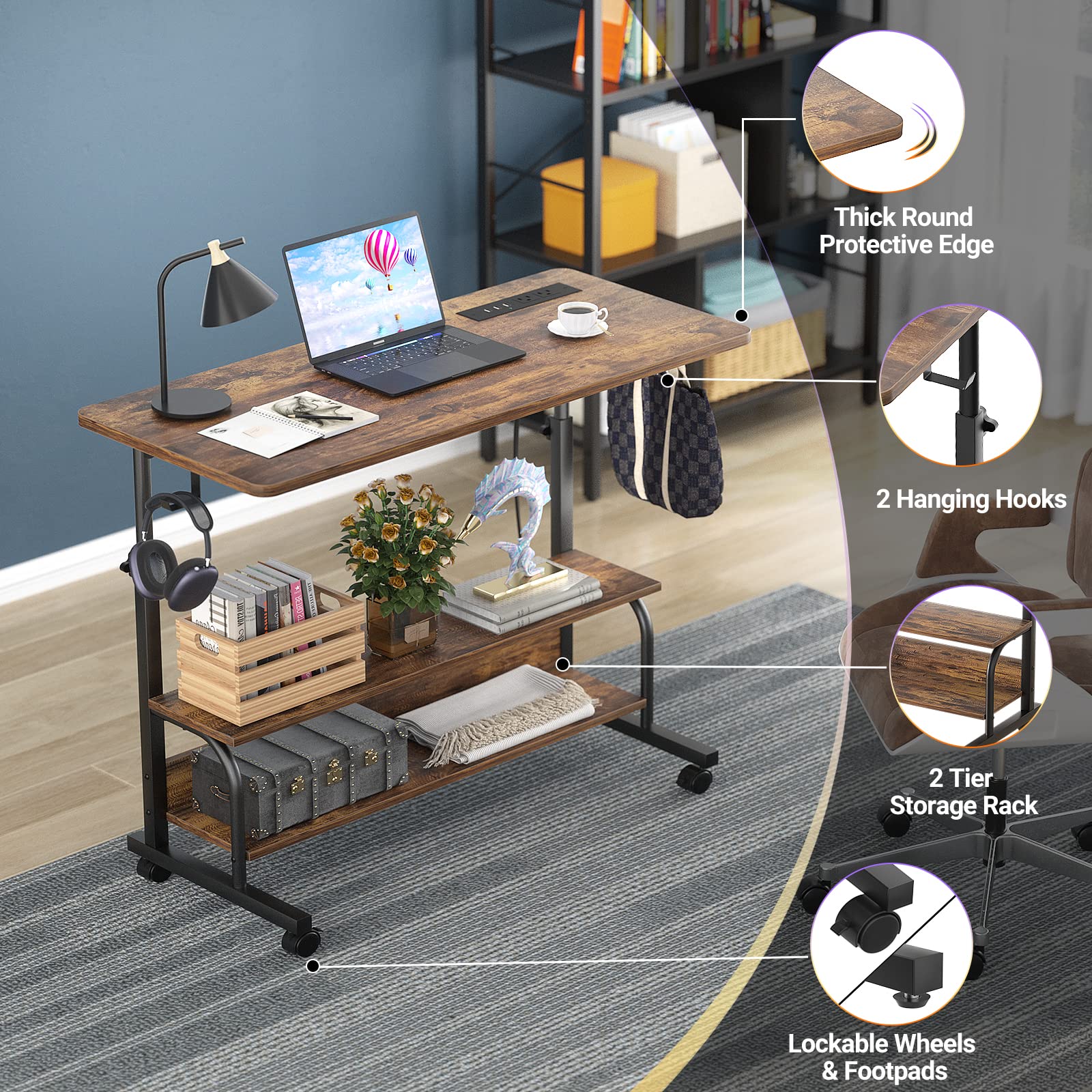 Armocity rolling desk with C shaped base beside a sofa for easy use