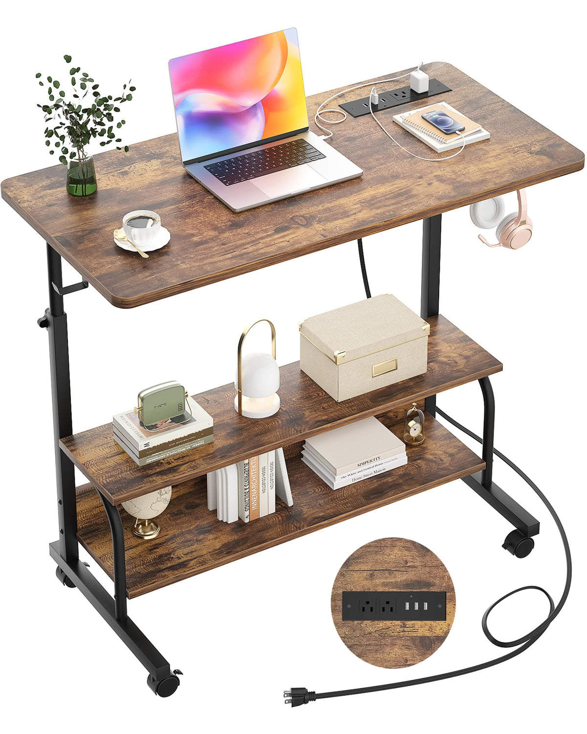 Armocity rolling desk in rustic brown with outlets visible for charging devices