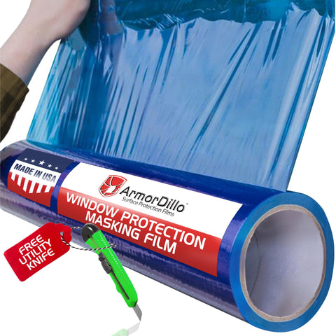 ArmorDillo blue window protection film roll shields glass during painting or remodeling