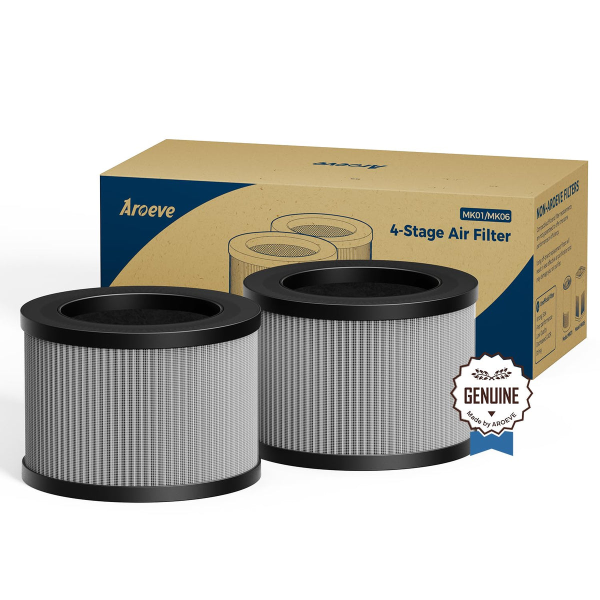 AROEVE MK01 MK06 filter packaging showing official replacement seal for peak purifier performance