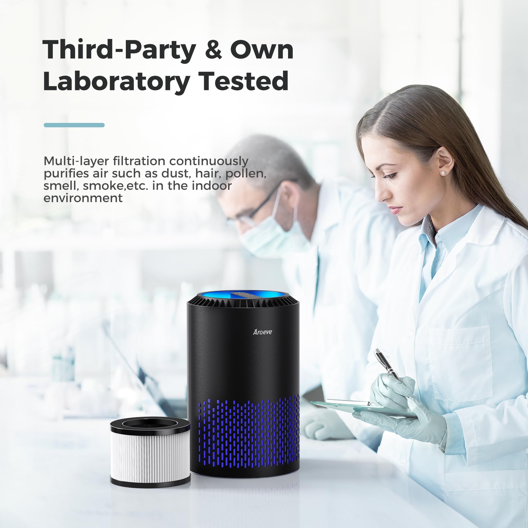 AROEVE MK01 filters smoke, pollen, and dander efficiently.