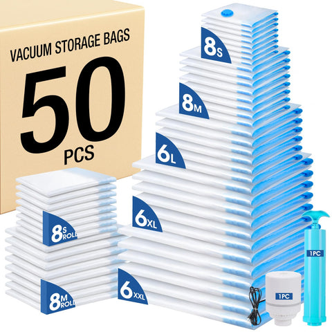 AROIC 50-pack vacuum storage bags keep clothes organized for travel and home use.