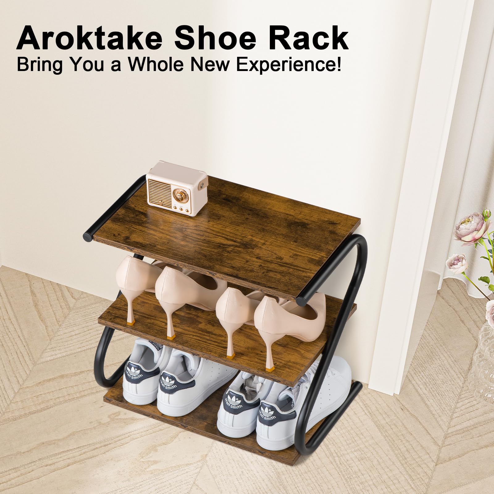 Aroktake entryway storage solution blends wood and metal for versatile spaces.