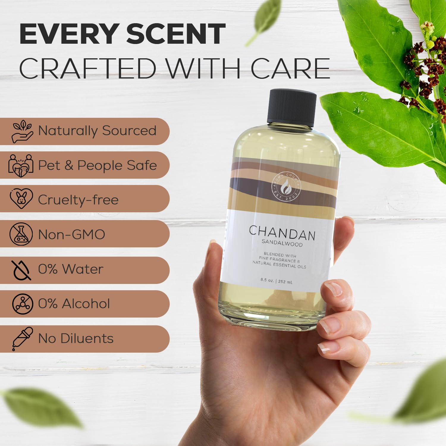 AROMA COUNTRY Chandan Diffuser Oil close-up highlighting sandalwood notes and amber vanilla