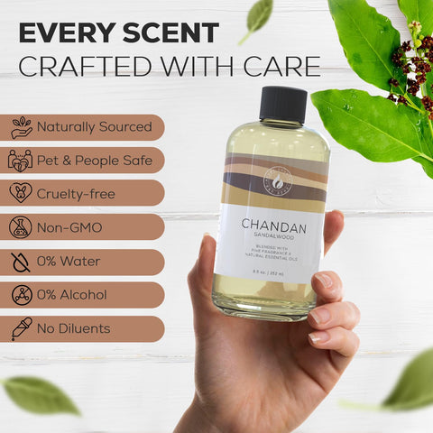 AROMA COUNTRY Chandan Diffuser Oil close-up highlighting sandalwood notes and amber vanilla