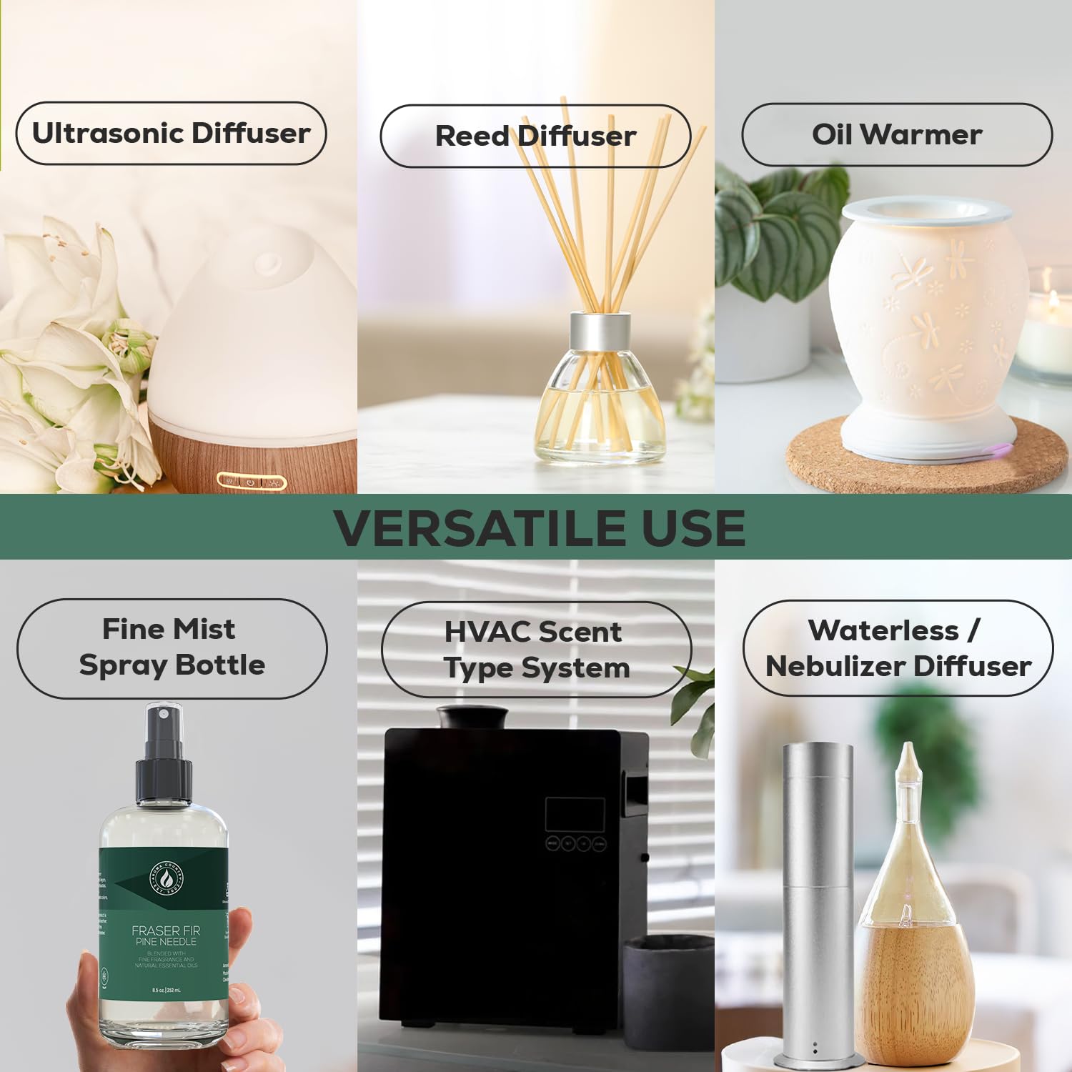 AROMA COUNTRY Fraser Fir diffuser oil packaging shows dropper and mist sprayer for flexibility
