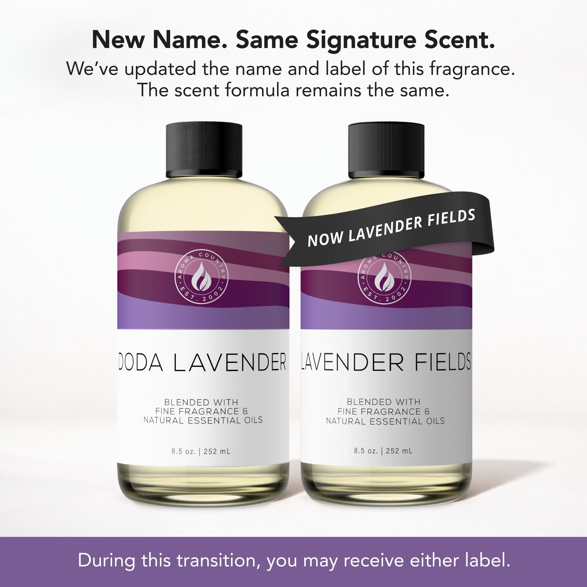 AROMA COUNTRY Lavender Fields packaging highlighting premium natural ingredients.