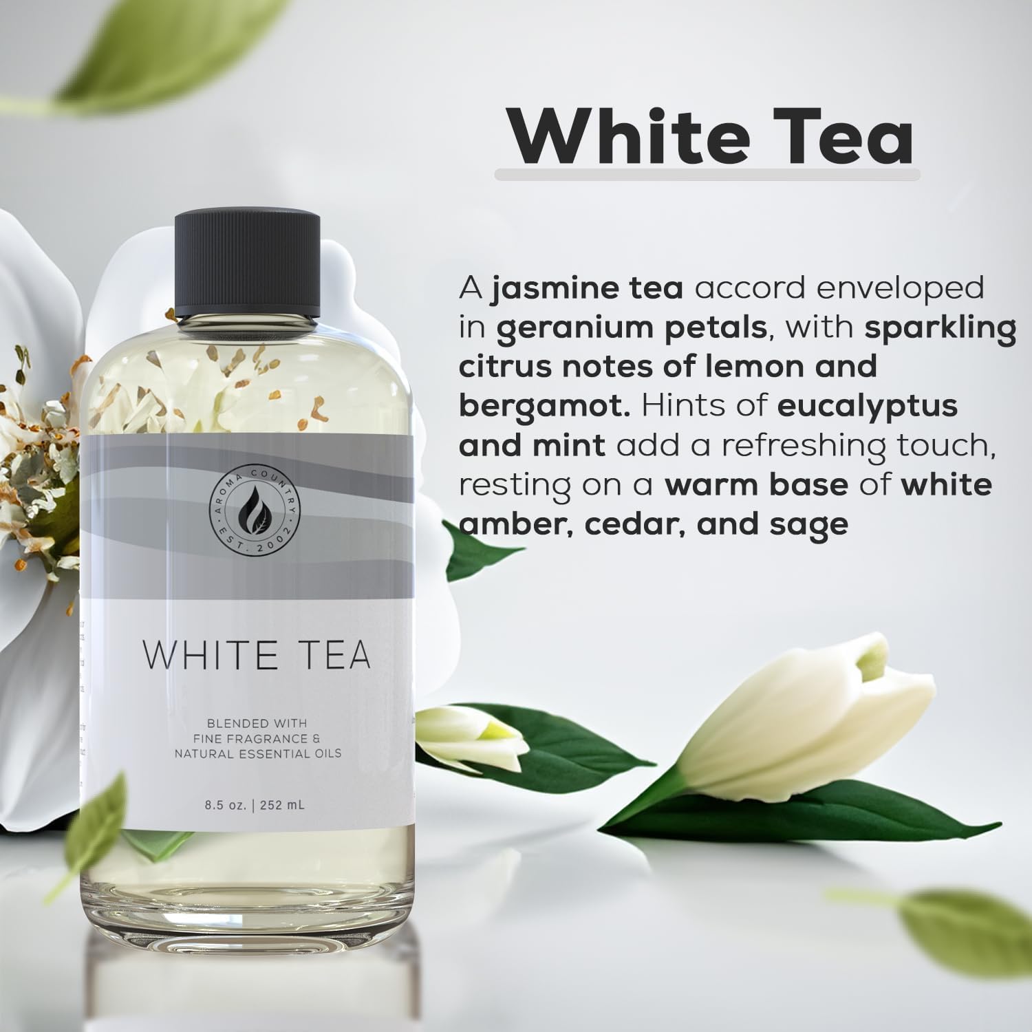 AROMA COUNTRY White Tea Diffuser Oil packaging signals premium natural fragrance for homes.