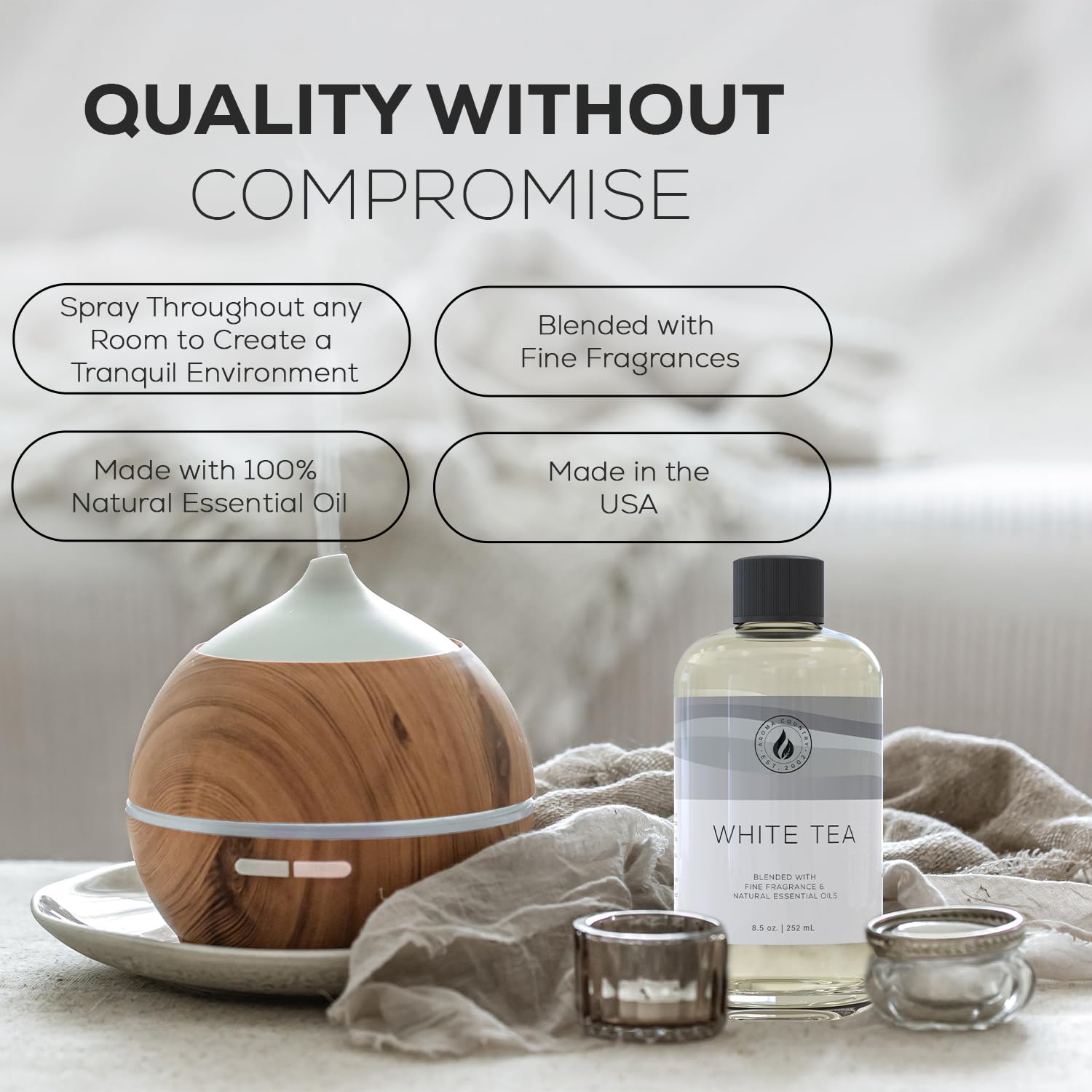 Aroma Country White Tea Diffuser Oil room spray option for quick scent refresh.