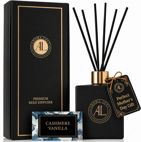 Aroma Loft black reed diffuser bottle setup enhances living room ambiance with warm vanilla.