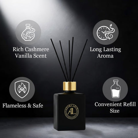 Aroma Loft vanilla cashmere diffuser oil 5oz provides long-lasting fragrance without flames.
