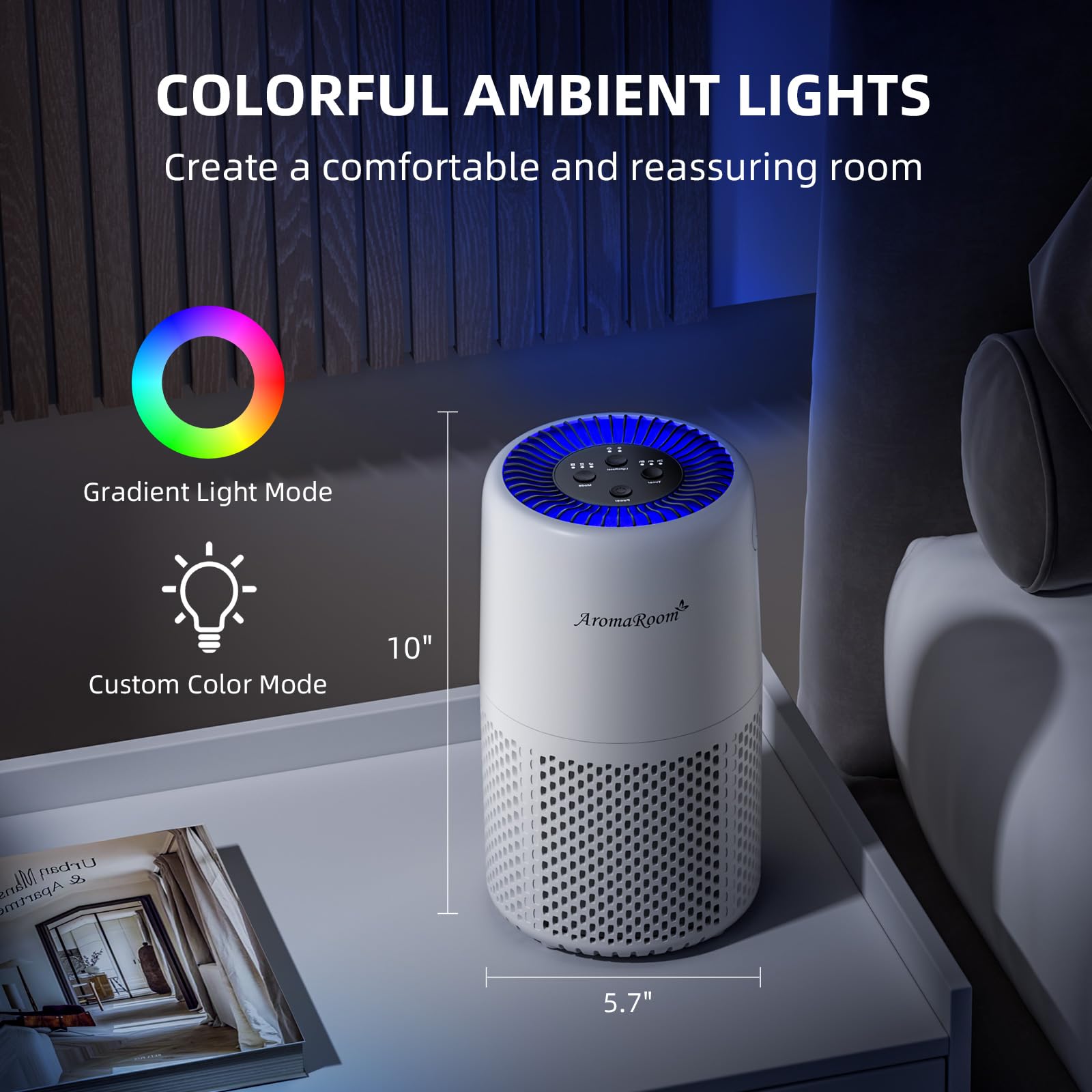 AP103-A in-bedroom setup shows discreet placement and fresh air in a living space