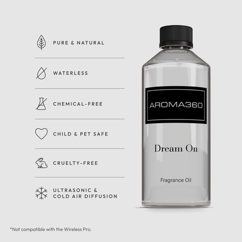 Close-up of Dream On label detailing premium essential oil blend.