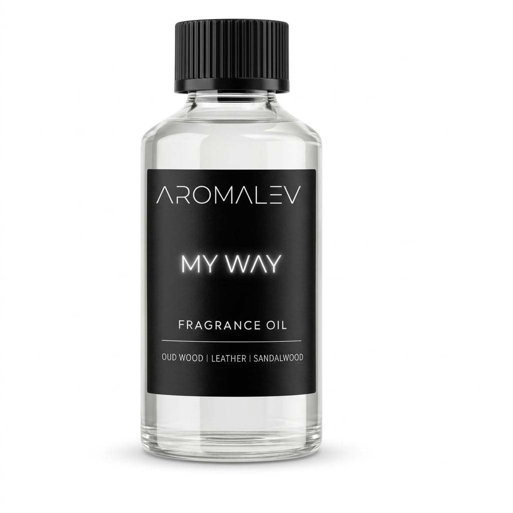 AROMALEV My Way diffuser bottle highlights oud and leather notes for a luxurious atmosphere.