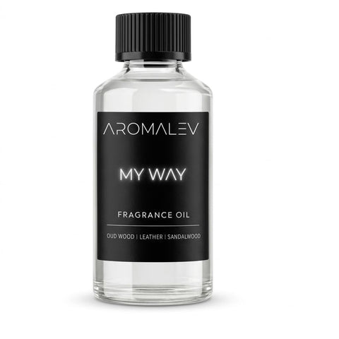 AROMALEV My Way diffuser bottle highlights oud and leather notes for a luxurious atmosphere.