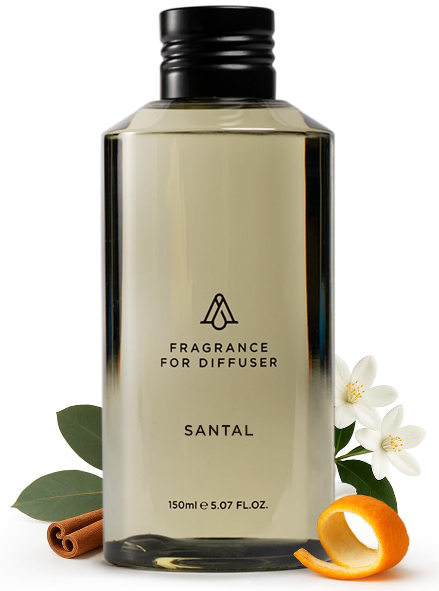 AROMAPLAN Santal bottle pour showing a warm, lasting hotel fragrance