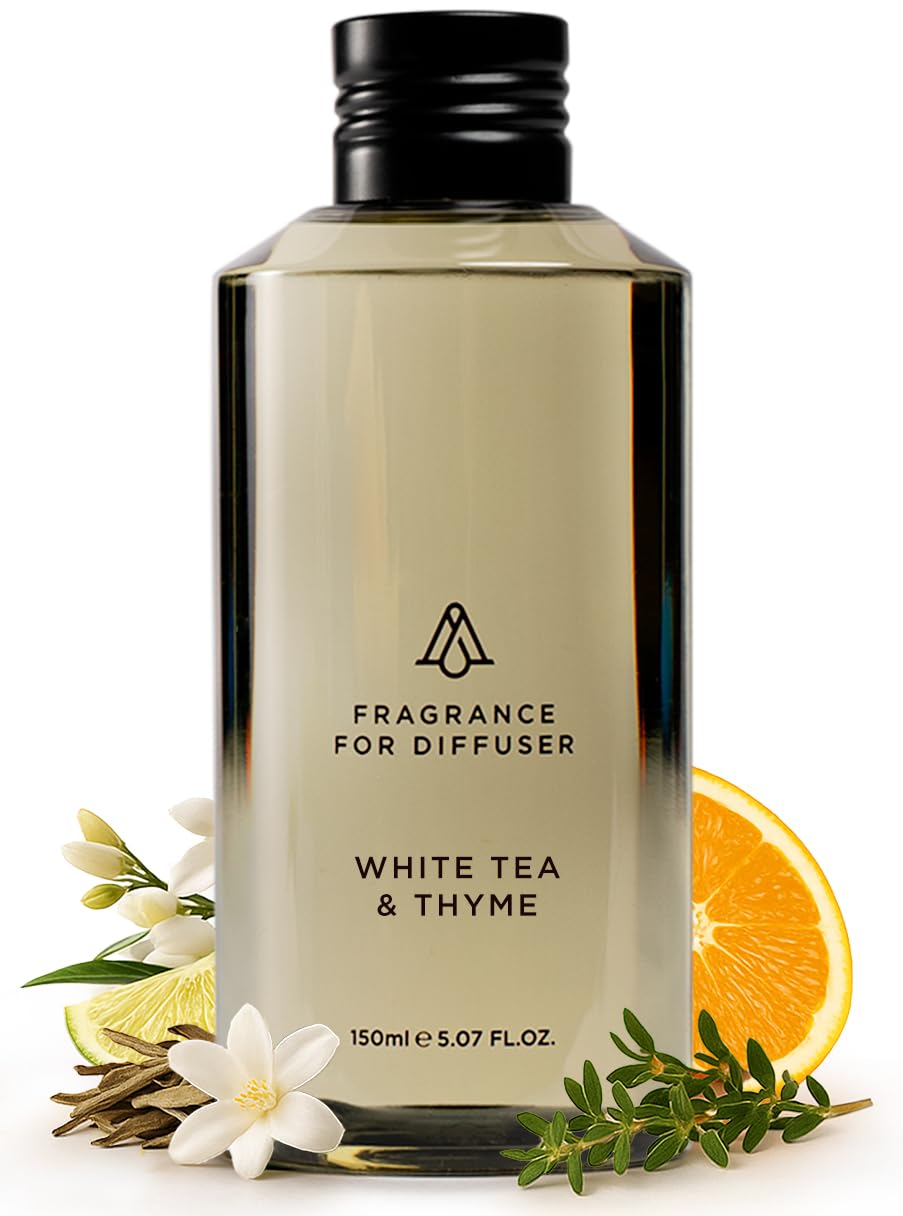 AROMAPLAN White Tea & Thyme bottle with elegant label, a calming scent for home.