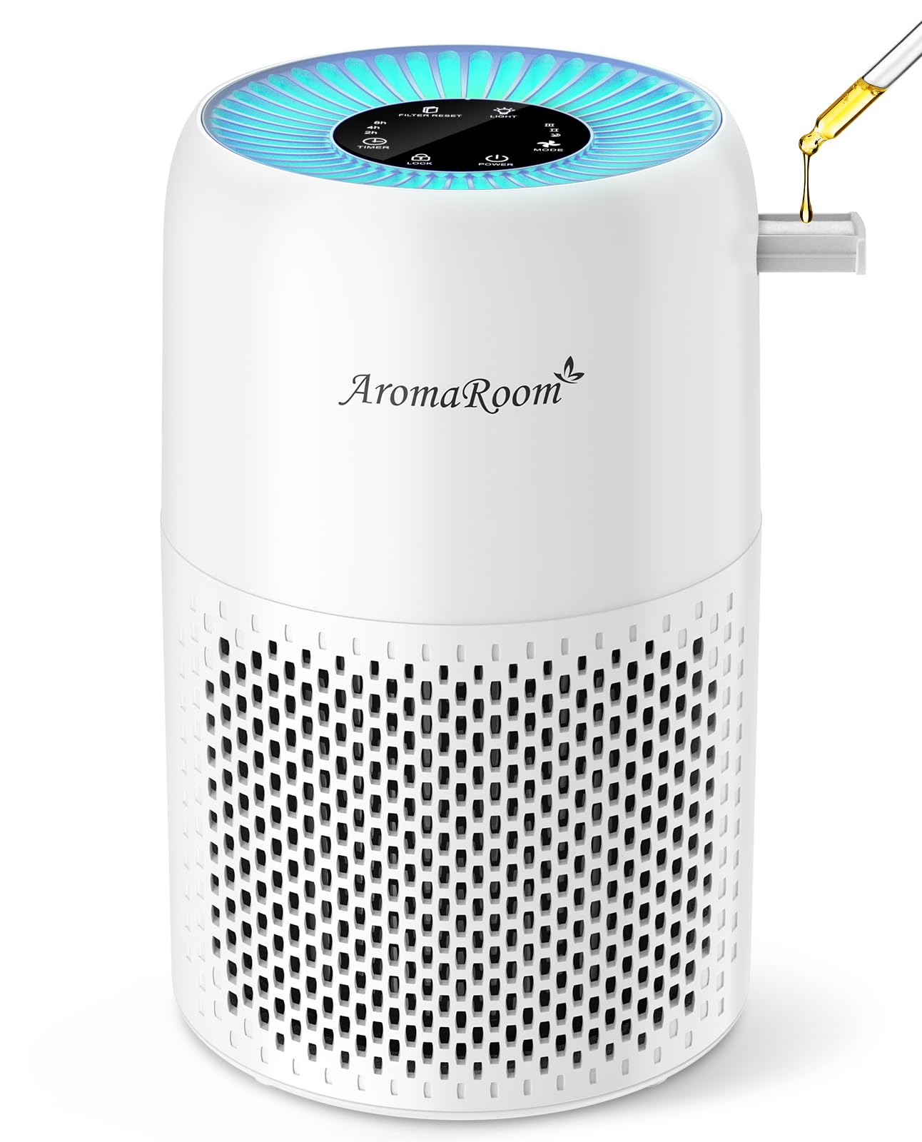 AromaRoom air purifier in a bedroom, front view for quiet, continuous air cleaning.