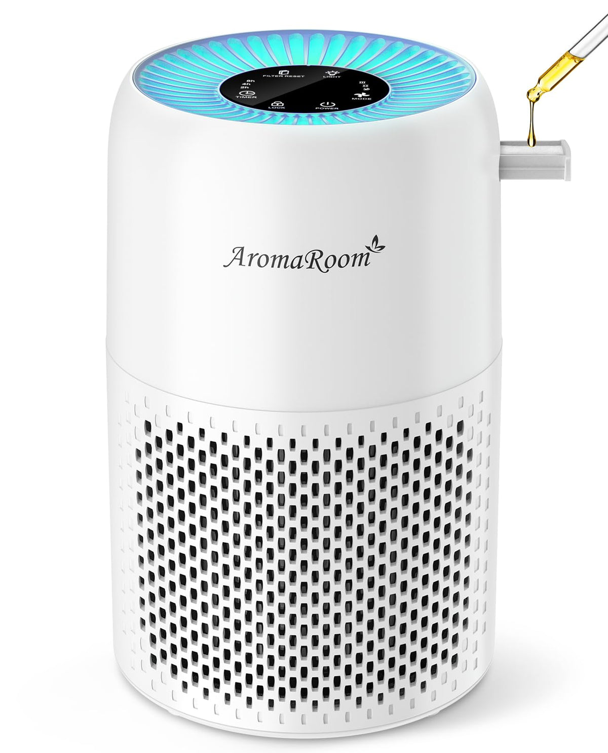 AromaRoom air purifier in a bedroom, front view for quiet, continuous air cleaning.
