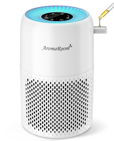AromaRoom air purifier in a bedroom, front view for quiet, continuous air cleaning.