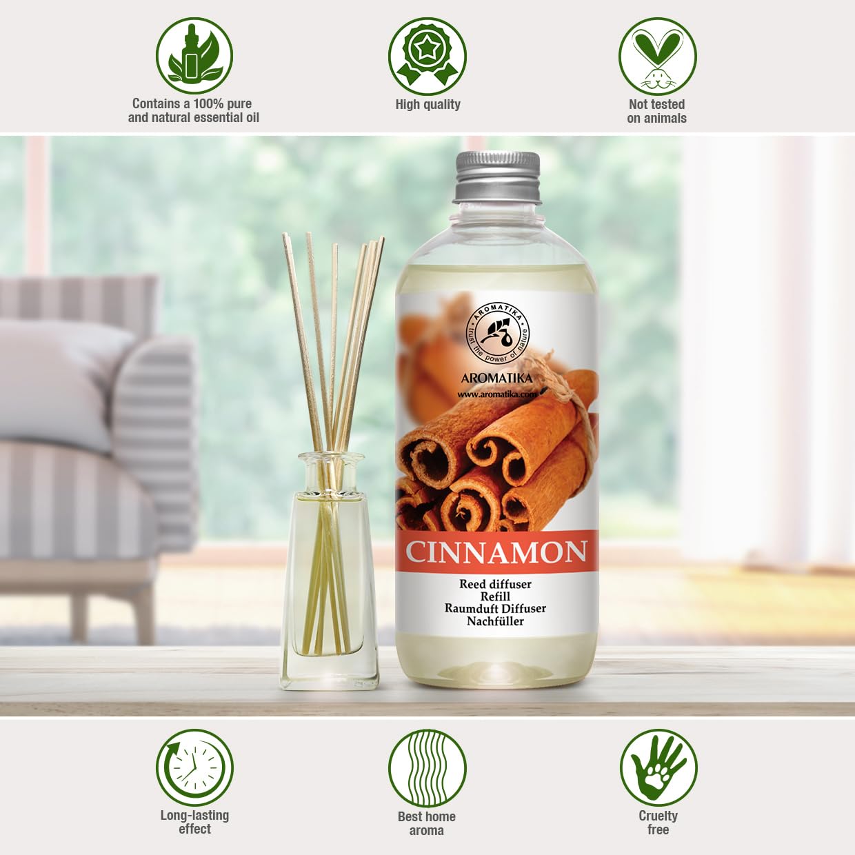 AROMATIKA Cinnamon Diffuser bottle pour demonstrates easy refill action