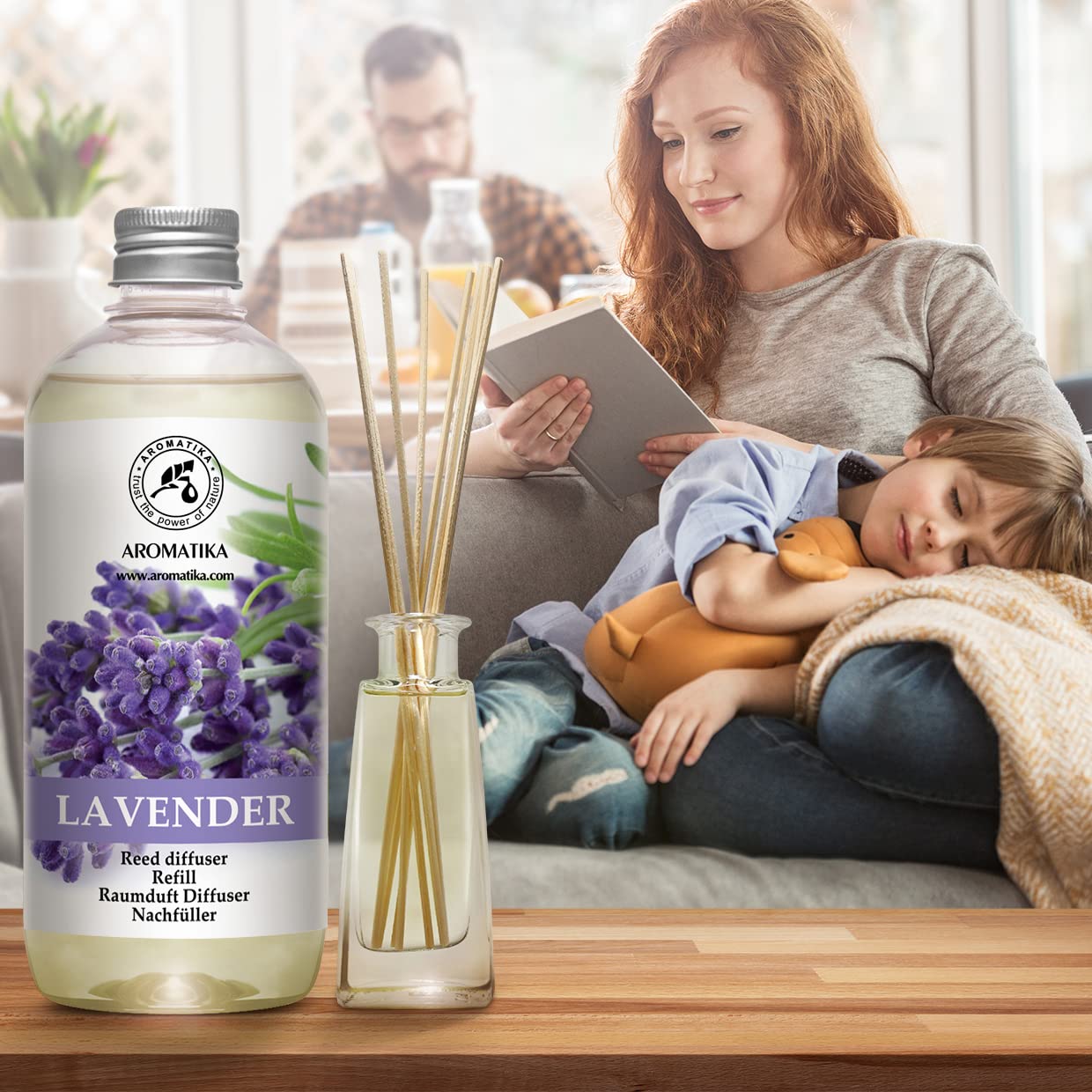 AROMATIKA diffuser refill packaging highlights natural fragrance components.