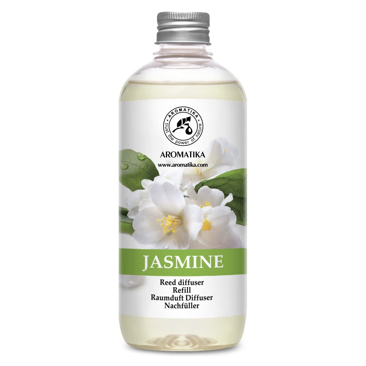 AROMATIKA Jasmine Reed Diffuser Refill bottle showcasing calm space with jasmine notes