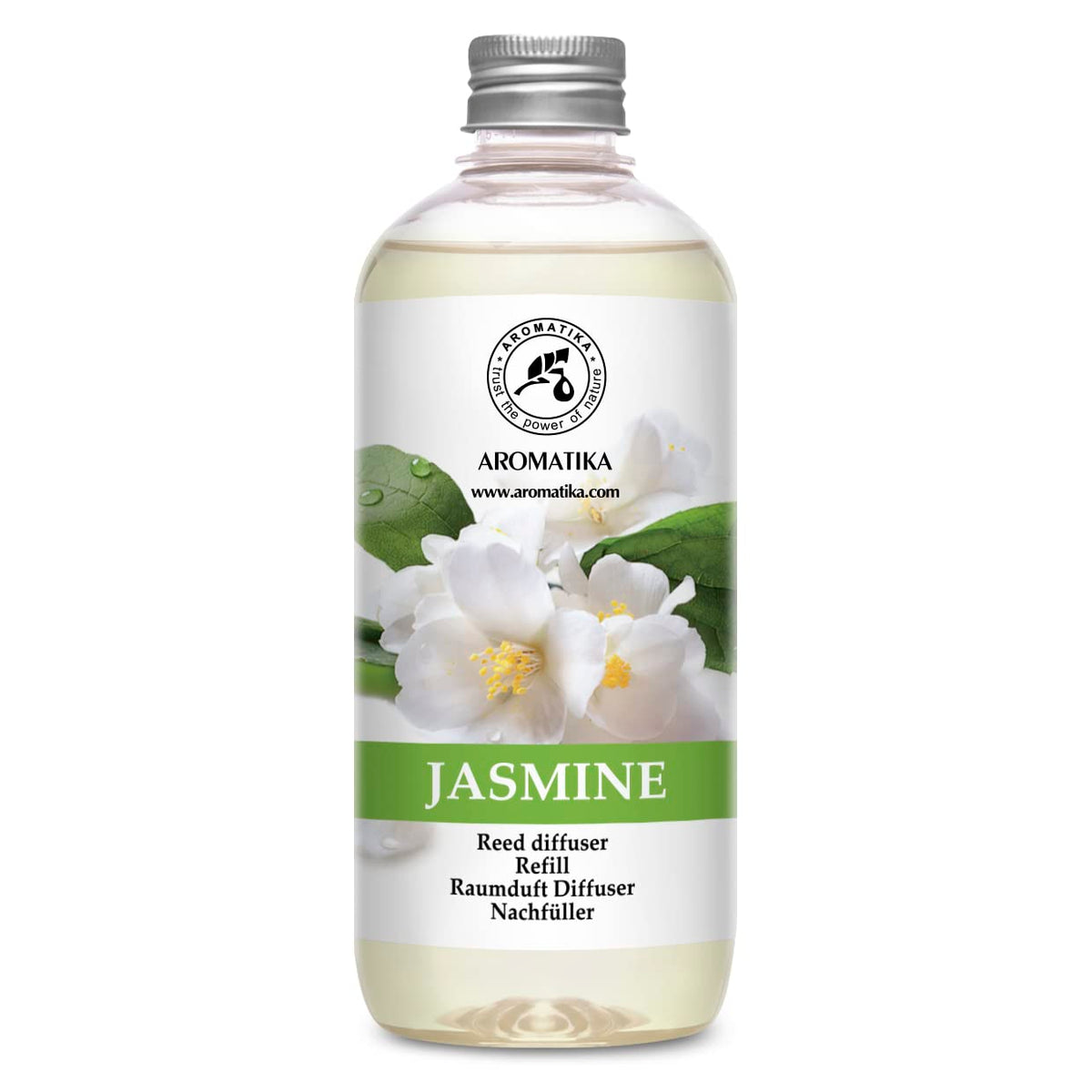 AROMATIKA Jasmine Reed Diffuser Refill bottle showcasing calm space with jasmine notes