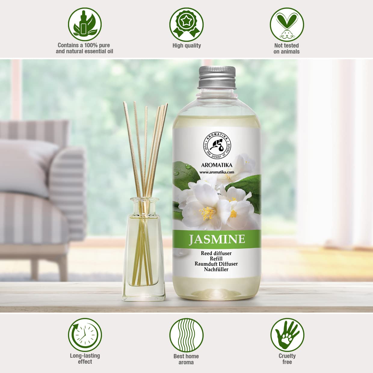 AROMATIKA Jasmine Refill label indicating quality and bottle size