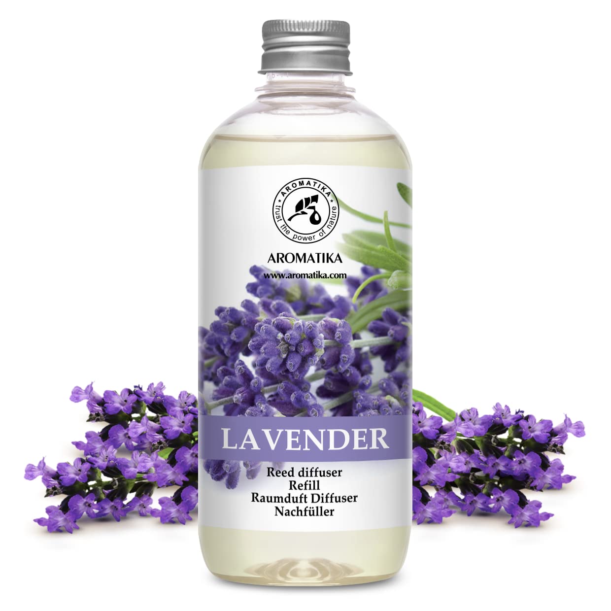 AROMATIKA lavender diffuser refill bottle close-up highlighting a long-lasting aroma.