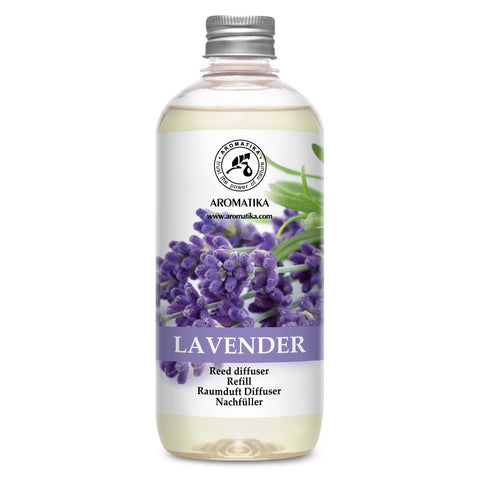 AROMATIKA lavender reed diffuser refill 500ml bottle on shelf for calming ambience.