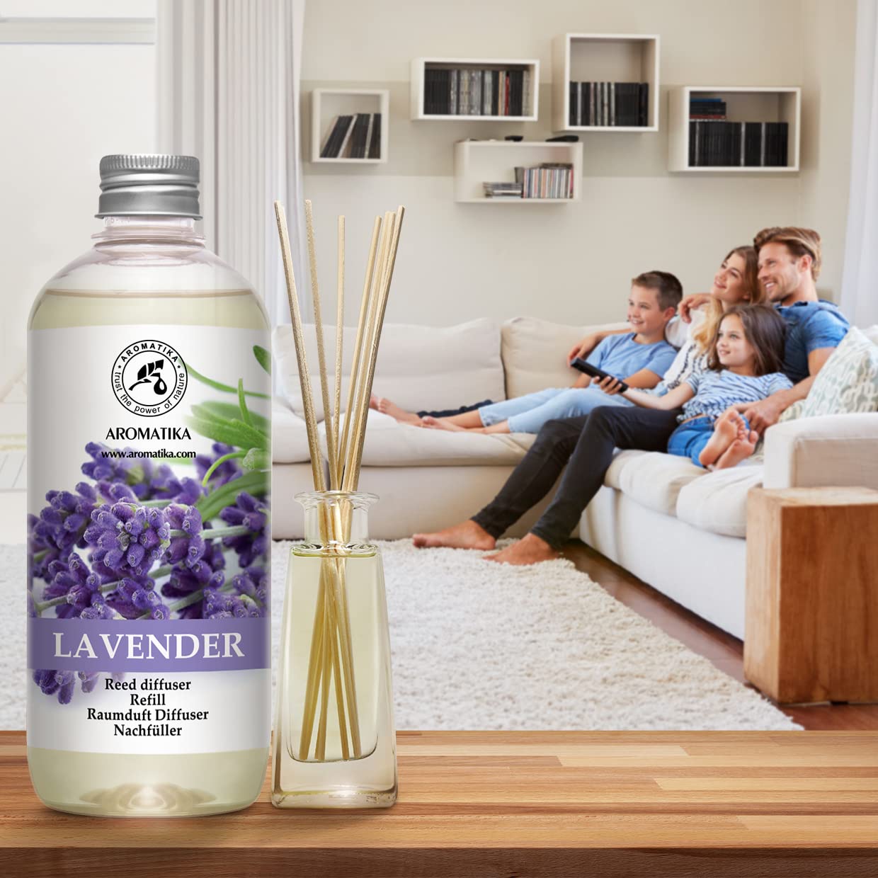 AROMATIKA lavender scent cloud rising from the diffuser for tranquil spaces.
